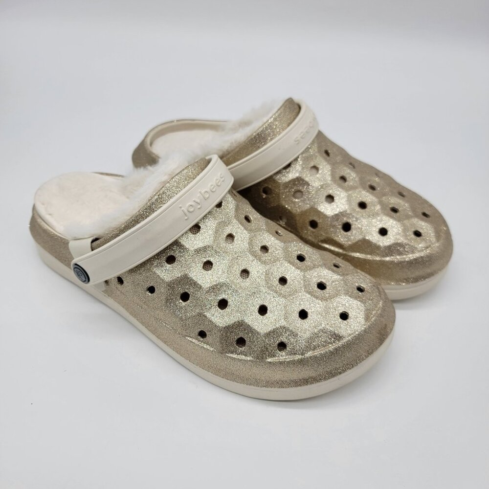 Joybees Varsity Glitter Clog with Faux‎ Fur Lining Champagne Gold Womens Size 10